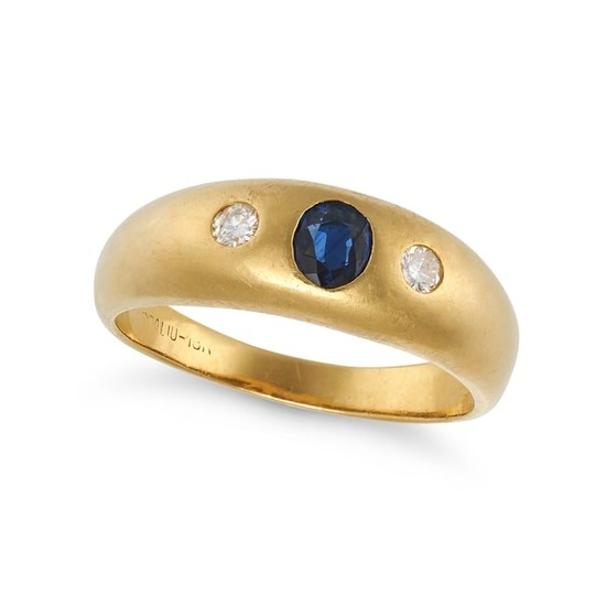 A SAPPHIRE AND DIAMOND GYPSY RING in 18ct yellow gold, set with an oval cut sapphire between two