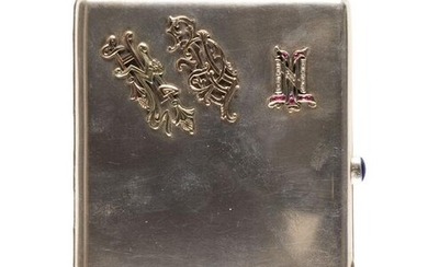 A SILVER CIGARETTE CASE WITH CAR, DOG AND MONOGRAMS