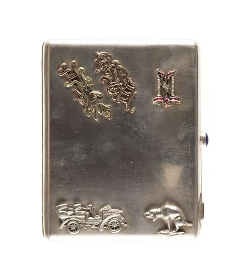 A SILVER CIGARETTE CASE WITH CAR, DOG AND MONOGRAMS