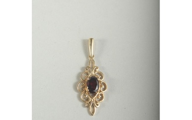 A SILVER RUBY SET GOLD PLATED PENDANT AND CHAIN, boxed.
