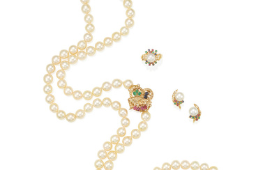 A SUITE OF GOLD, CULTURED PEARL, DIAMONDS, RUBY, EMERALD AND...