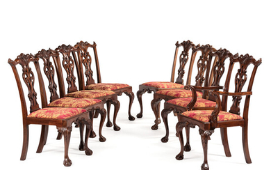 A Set of Eight Chippendale-Style Carved Mahogany Dining Chairs