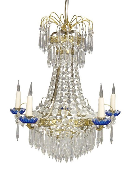 A Swedish gilt-brass and glass five-light chandelier, first half 20th...