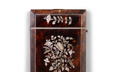 *A TORTOISESHELL AND MOTHER OF PEARL CARD BOX with inlaid m...