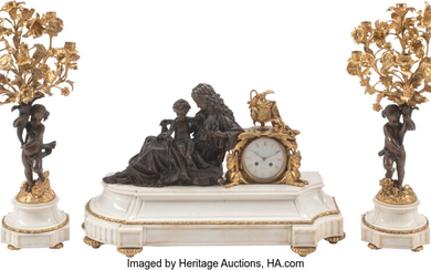 A Three-Piece French Gilt and Patinated Bronze Figural Clock Garniture (19th century)
