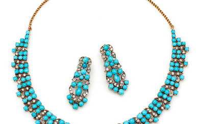 A Turquoise, Diamond and Gold Necklace and Pair of Earrings