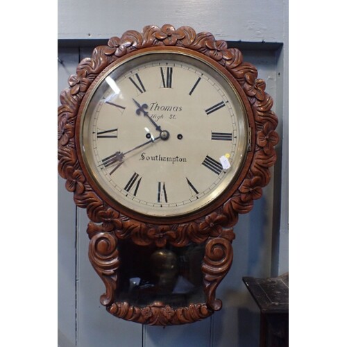 A VICTORIAN DROP-DIAL TWO-TRAIN FUSEE WALL CLOCK with 30cm d...