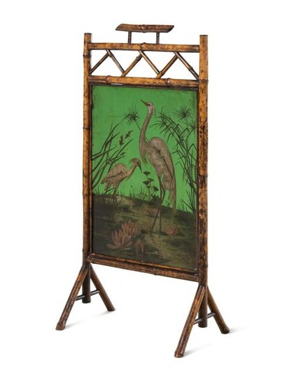 A Victorian Bamboo and Painted Glass Fire Screen