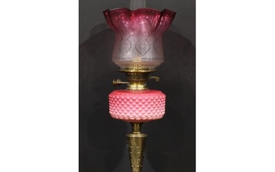 A Victorian brass and pink Vaseline glass table oil lamp, et...