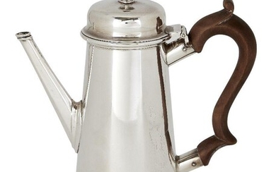 A Victorian silver bachelor's coffee pot, London, c.1887, John Aldwinckle & Thomas Slater, of tapering cylindrical form, with wooden scroll handle and hinged lid, 18cm high, approx. weight 12.1oz