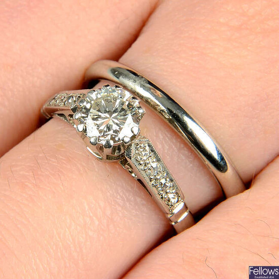 A brilliant-cut diamond single-stone ring, with single-cut diamond line shoulders, together with a platinum band ring.