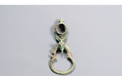 A bronze Khmer Bayon-style hanging hook from a palanquin, An...