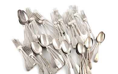 A collection of antique silver Fiddle pattern flatware