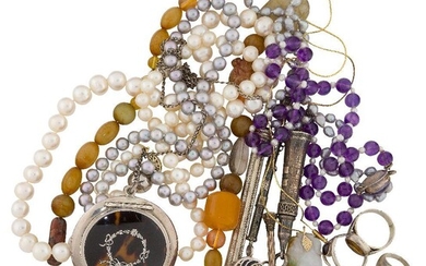 AMENDMENT: Please note that the jade pendant in the illustration is not included in this lotA collection of jewellery and costume jewellery, including: a nephrite jade bangle; an amethyst bead necklace; four non-nucleated fresh water cultured pearl...