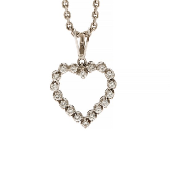 A diamond pendantset with numerous brilliant-cut diamonds, mounted in 14k white gold. Accompanied by a 14k white gold necklace. L. 2.2 and 40 cm. (2)