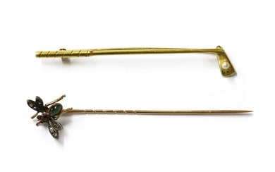 A gold and silver, diamond, ruby and cat's eye quartz bee stick pin