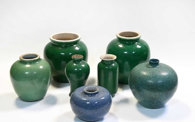 A group of five Chinese green crackle glazed vases, late Qing Dynasty