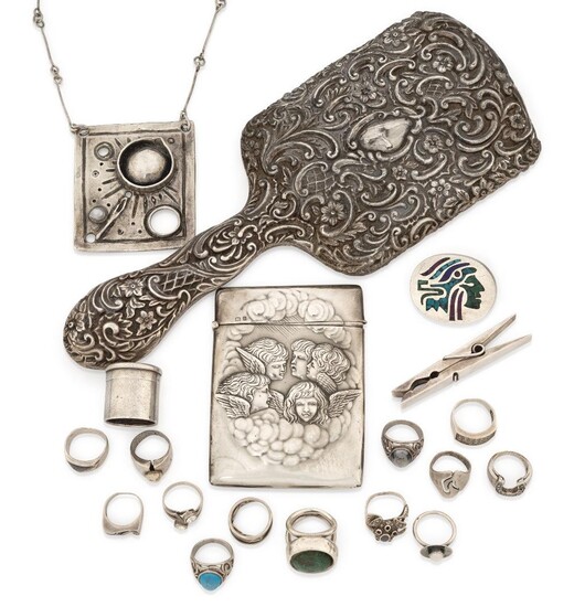A group of silver and oddments including: an Austro-Hungarian gilt pendant, Pest, 1872-1918; an Edwardian silver card case decorated with putti in relief, Birmingham, 1904, William Harrison Walter; a modern abstract necklace, stamped sterling; a...