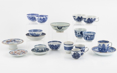 A group of thirteen cups, a bowl and a cup holder, four saucers, partly China and 18th century