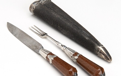 A knife and fork with goldstone hilt and silver mounting in shagreen case