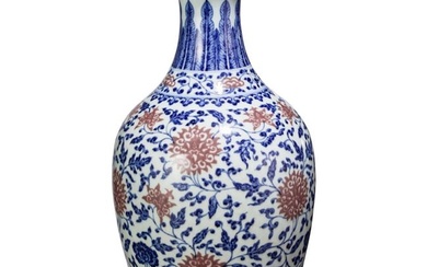 A large Chinese copper-red and blue and white lotus vase, probably Qianlong period