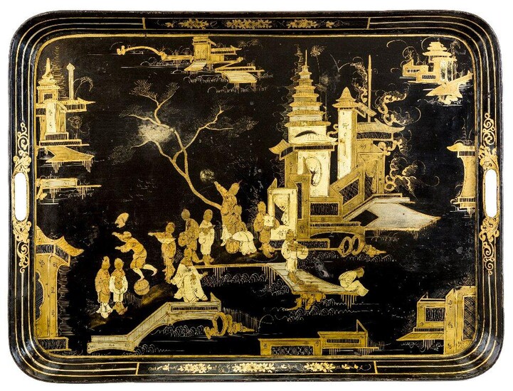 A large black and gilt Chinoiserie tole tray, early 20th century, of rectangular form, decorated with figures within a landscape, 72cm wide, 55cm deep
