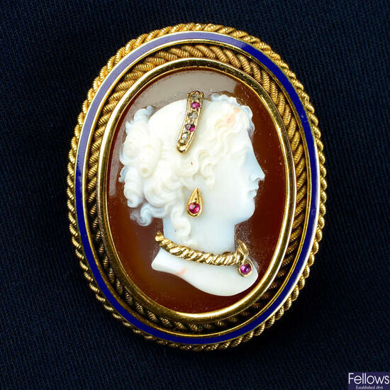 A late 19th century 18ct gold sardonyx cameo brooch, wearing ruby and diamond highlight jewellery.