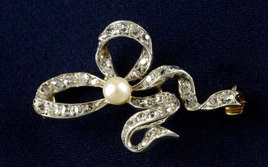 A late 19th century silver and gold, old-cut diamond and pearl ribbon brooch.