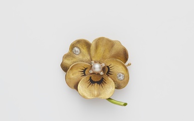A late Victorian 14k gold iridescent enamel, pearl and diamond pansy brooch.