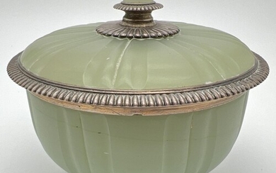 A late Victorian French green opaline glass lidded bowl with...