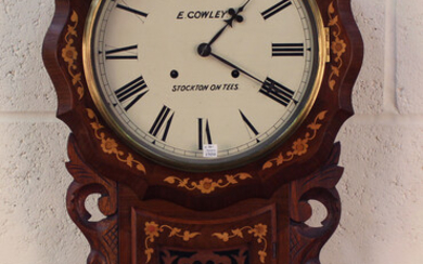 A late Victorian marquetry inlaid walnut drop dial wall clock with two train movement striking on a