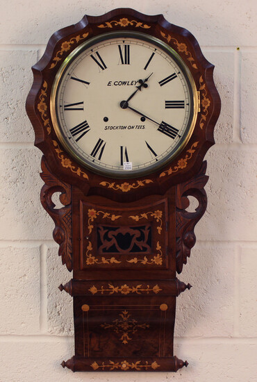 A late Victorian marquetry inlaid walnut drop dial wall clock with two train movement striking on a