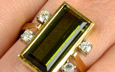 A mid 20th century 18ct gold green tourmaline and circular-cut diamond cocktail ring.