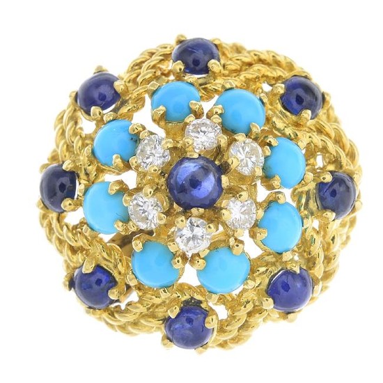 A mid 20th century gold sapphire, diamond and turquoise