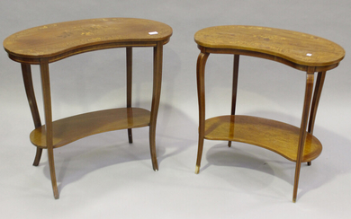 A near pair of Edwardian mahogany kidney shaped occasional tables, finely inlaid with foliate sprays