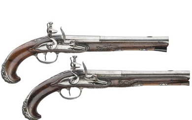 A pair of Belgian silver-mounted flintlock pistols by Meunier of Liège, circa 1760
