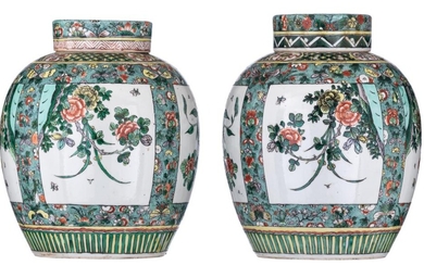 A pair of Chinese famille verte ginger jars,...