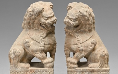 A pair of Chinese stone sculptures of dogs of Fo, 20th c, 31...