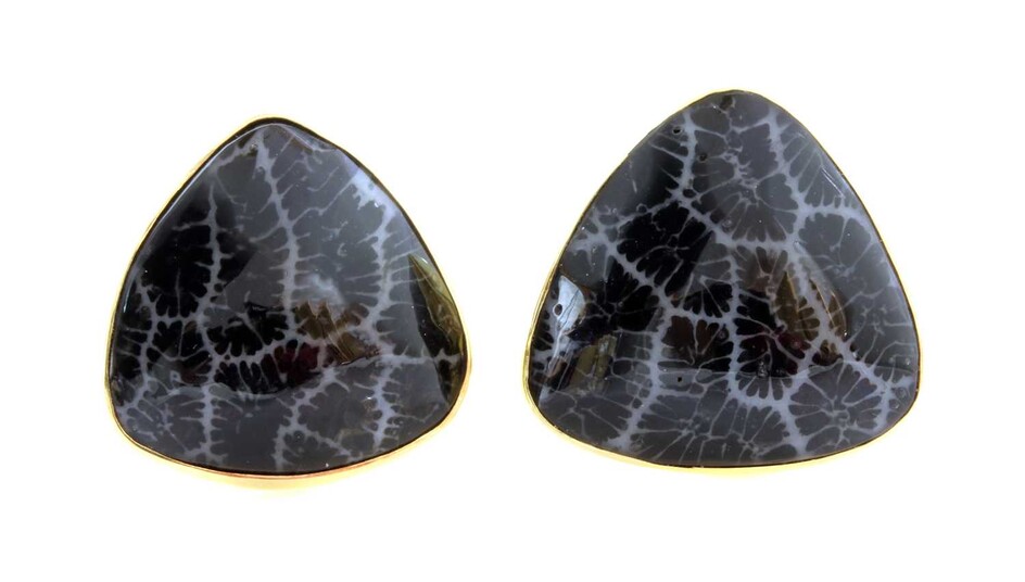 A pair of Continental fossilised coral gold earrings