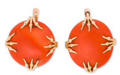 A pair of Russian coral and fourteen karat gold earclips