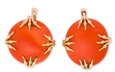 A pair of Russian coral and fourteen karat gold