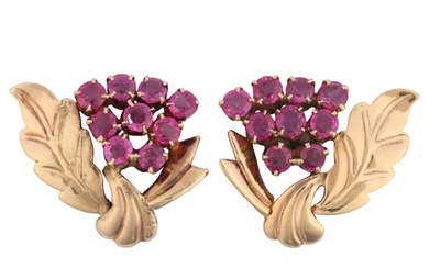 A pair of Vintage 9ct gold ruby floral spray earrings, with ...