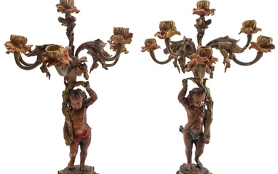 A pair of bronze and later cold painted figural six light ca...