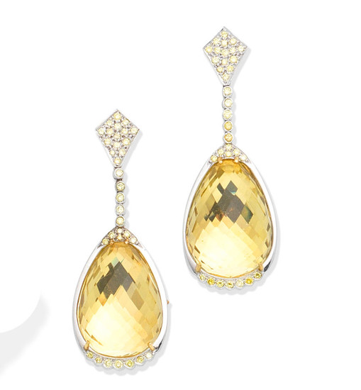 A pair of citrine and coloured diamond pendent earrings, by