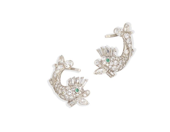 A pair of diamond and emerald dolphin earrings