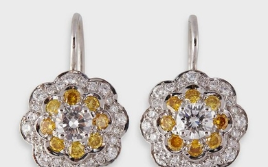 A pair of diamond, yellow diamond, and platinum drop