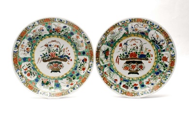 A pair of famille verte flower basket plates