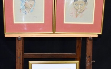 A pair of framed pastel portraits of Southeast Asian females together with a south East Asian waterc