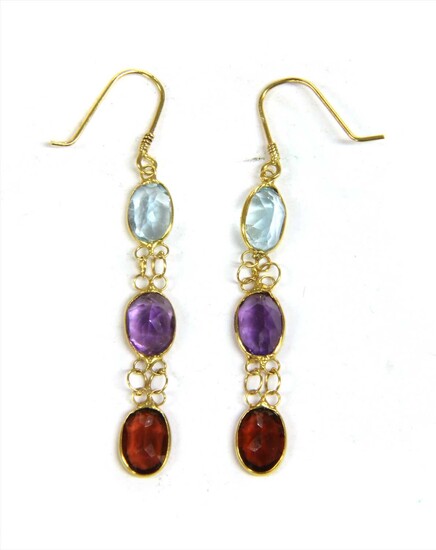 A pair of gold assorted gemstone drop earrings