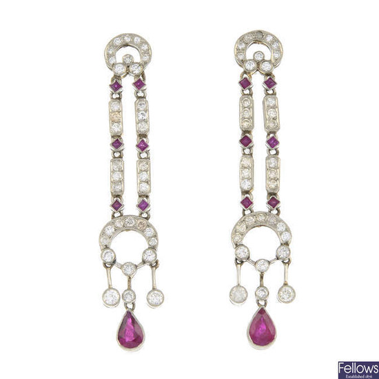 A pair of ruby and brilliant-cut diamond drop earrings.